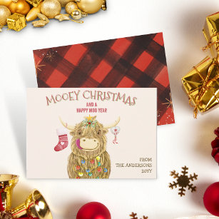 Funny Watercolor Highland Cow Christmas Holiday Card