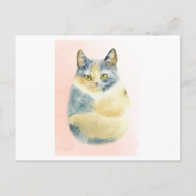 Funny watercolor of a fluffy cat postcard (Front)