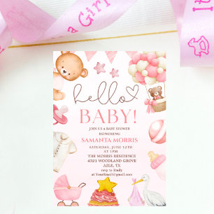 funny watercolor pink teddy bear girl baby shower  invitation