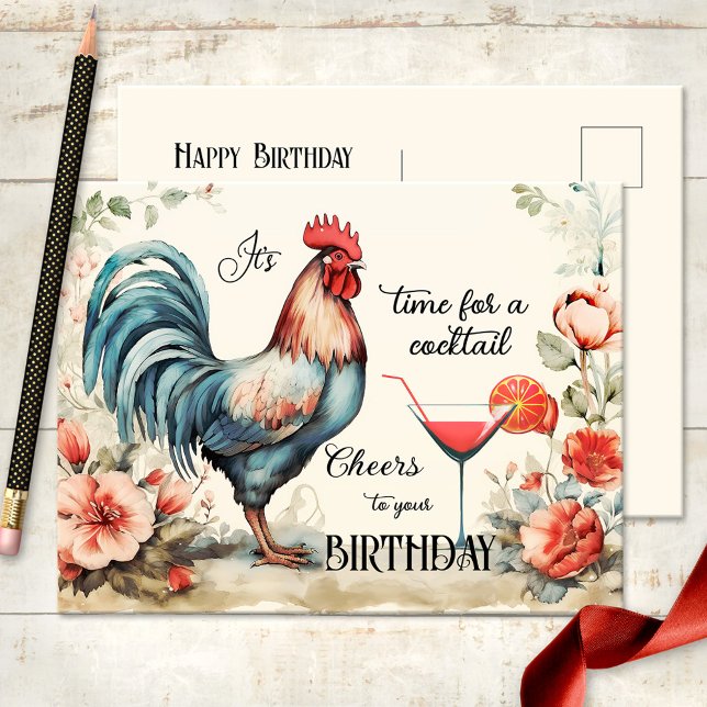 Funny Watercolor Rooster Cocktail Birthday Postcard (Funny birthday postcard featuring a vintage watercolor rooster with flowers and a cocktail)