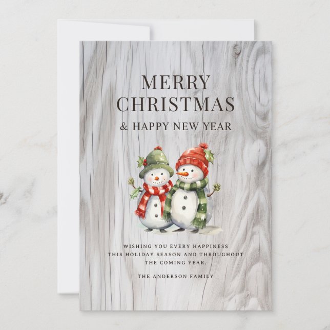 Funny Watercolor Snowmen Rustic Wood Holiday Card (Front)