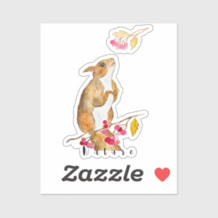 Funny watercolor squirrel on a branch with berries