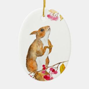 Funny watercolor squirrel on a branch with berries ceramic tree decoration