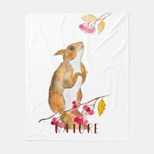 Funny watercolor squirrel on a branch with berries fleece blanket