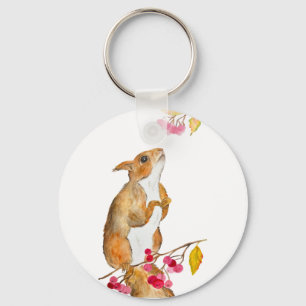 Funny watercolor squirrel on a branch with berries key ring