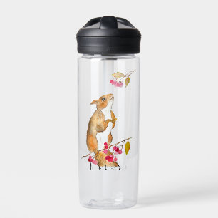 Funny watercolor squirrel on a branch with berries water bottle