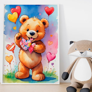 Funny Watercolor Teddy Bear with Heart Balloons  Poster