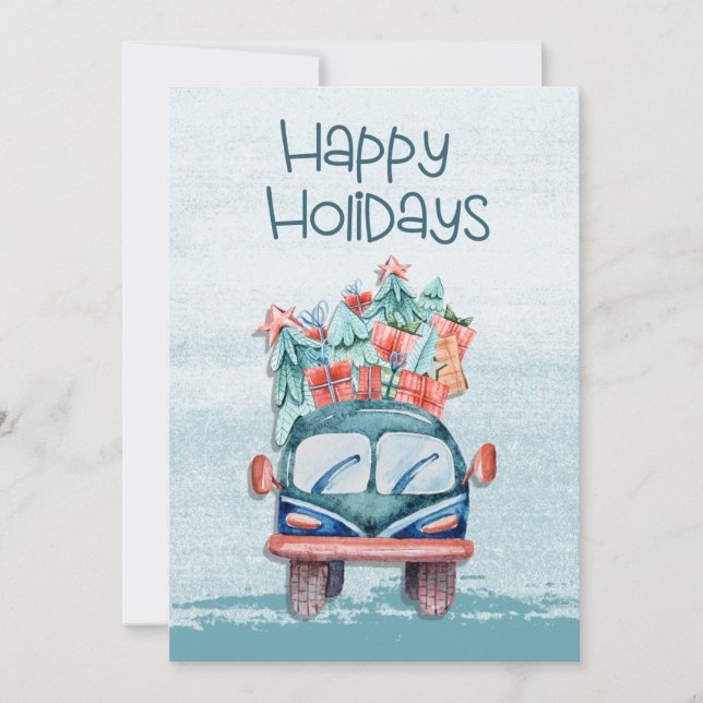 Funny Watercolor Winter Christmas Trees Truck Holi Holiday Card (Front)