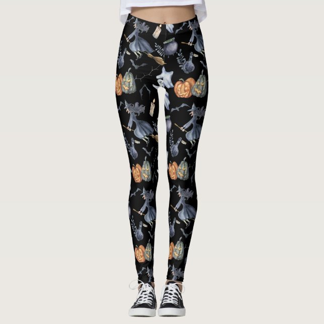 Funny Watercolor Witch Pumpkin Halloween Leggings (Front)