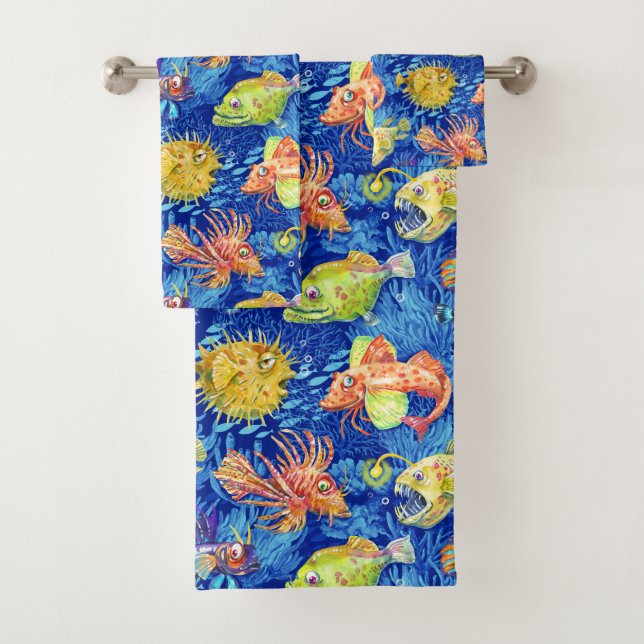 Funny watercolour fish bath towel set (Insitu)