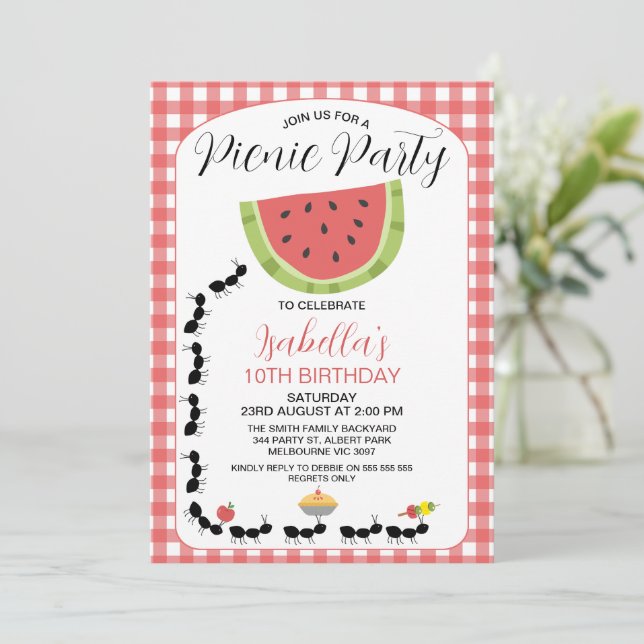 Funny Watermelon Ants Picnic Birthday Invitation (Standing Front)