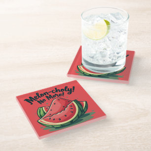Funny Watermelon Pun "Melon-choly No More"  Glass Coaster