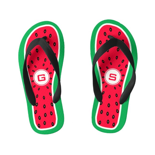 Funny Watermelon Slice Monogrammed Design Kid's Flip Flops (Footbed)