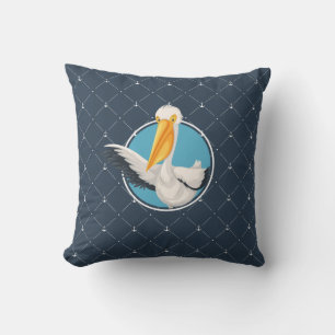 Funny Waving Pelican Navy Nautical Pattern Cushion