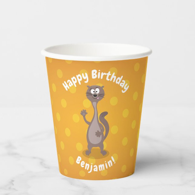 Funny weasel waving cartoon illustration paper cups (Front)