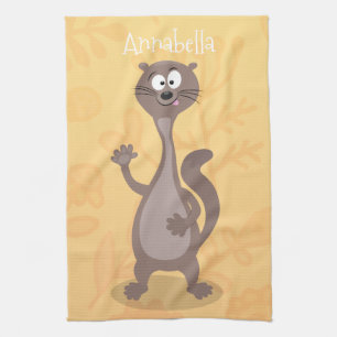 Funny weasel waving cartoon illustration tea towel