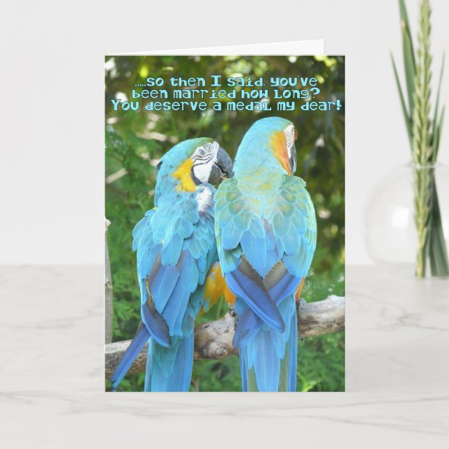 Funny Wedding Anniversary!-Blue Parrot Humour Card (Front)