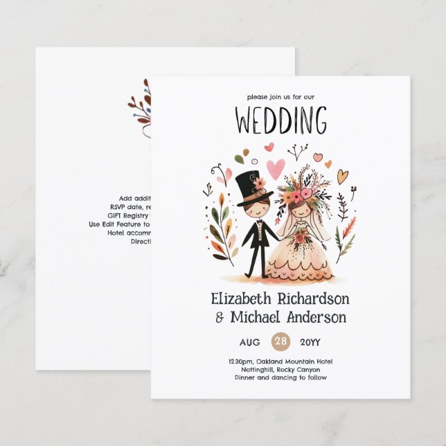 Funny Wedding Cartoon Bride Groom Handdrawn (Front/Back)