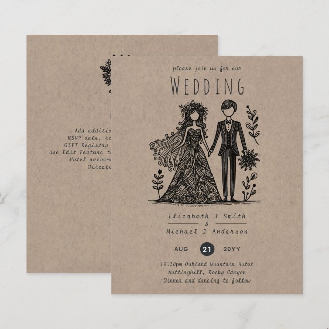 Funny Wedding Cartoon Bride Groom Handdrawn (Front/Back)