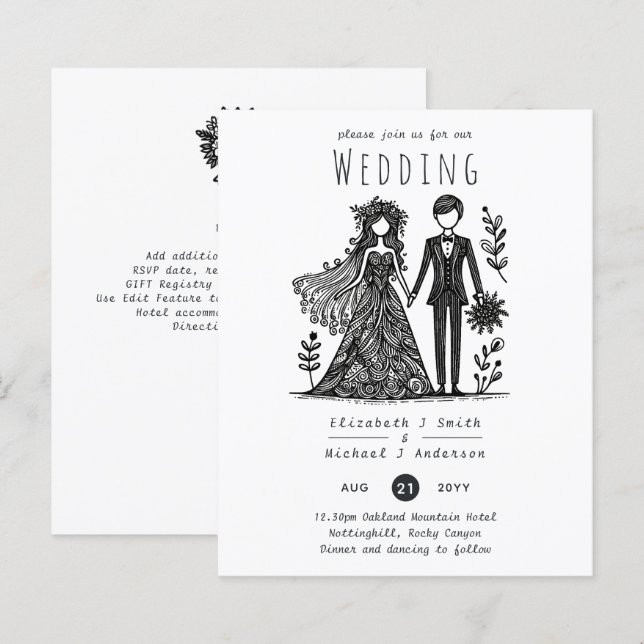 Funny Wedding Cartoon Bride Groom Handdrawn (Front/Back)