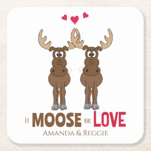 Funny Wedding Cute Humour Whimsical Moose Fun Square Paper Coaster