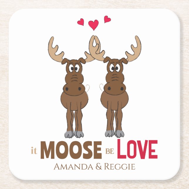 Funny Wedding Cute Humour Whimsical Moose Fun Square Paper Coaster (Front)