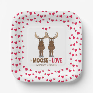 Funny Wedding Party Cute Whimsical Moose Hearts Paper Plate