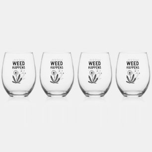 Funny Weed Happens Vintage Dandelion Ink Stamp Art Stemless Wine Glass