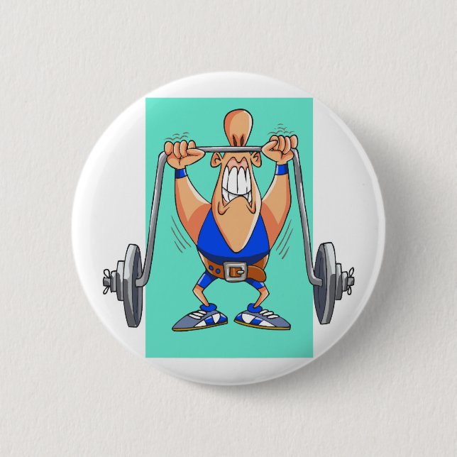 Funny weightlifter cartoon personalised 6 cm round badge (Front)