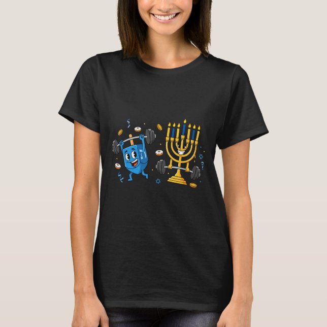 Funny Weightlifting Gym Dreidel Menorah Hanukkah W T-Shirt (Front)