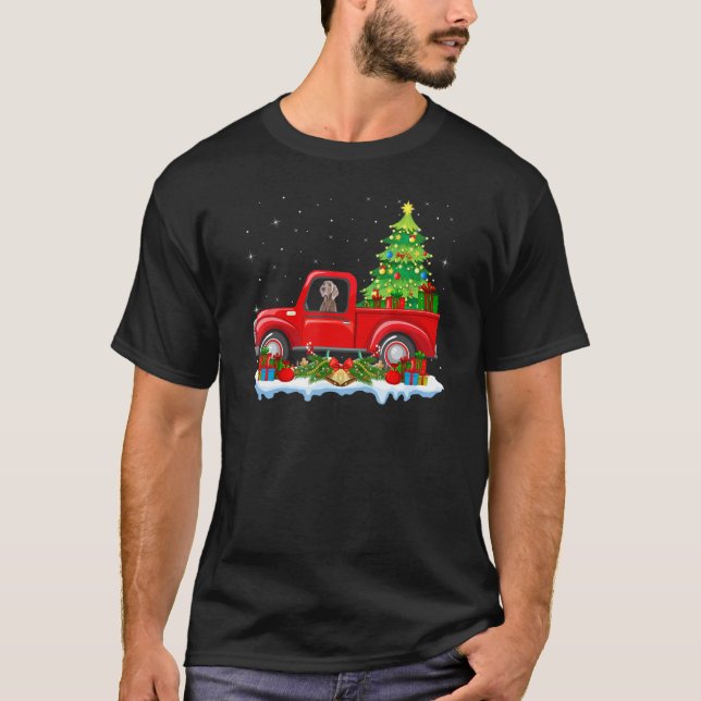 Funny Weimaraner Dog Riding Red Truck Christmas Tr T-Shirt (Front)
