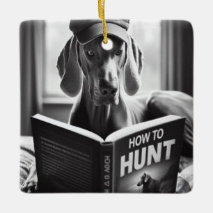 Funny Weimaraner Reading a Book on How to Hunt Ceramic Ornament