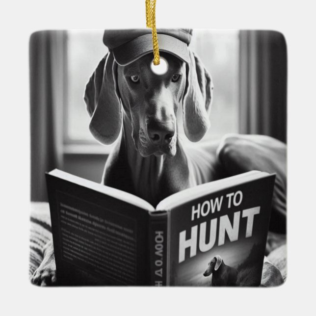 Funny Weimaraner Reading a Book on How to Hunt Ceramic Ornament (Front)
