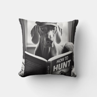 Funny Weimaraner Reading a Book on How to Hunt Cushion