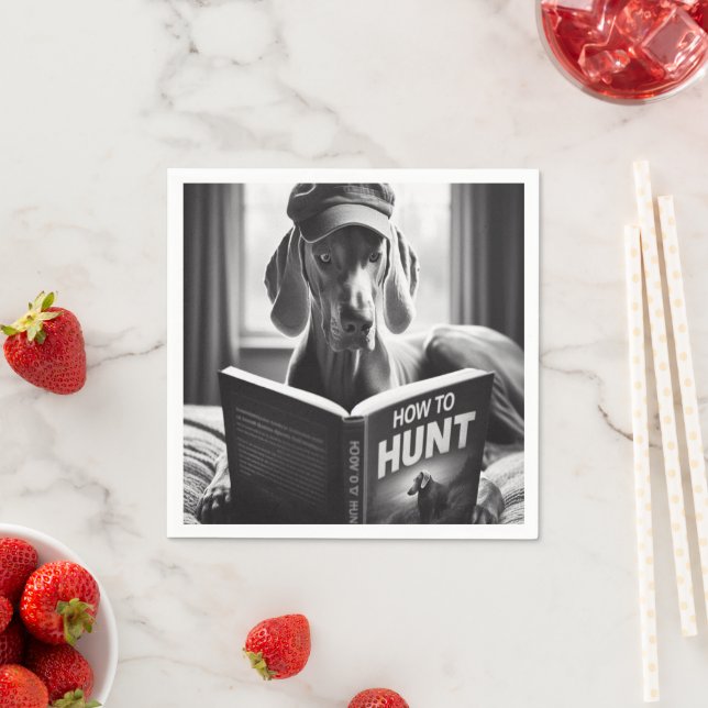 Funny Weimaraner Reading a Book on How to Hunt Napkin (Insitu)
