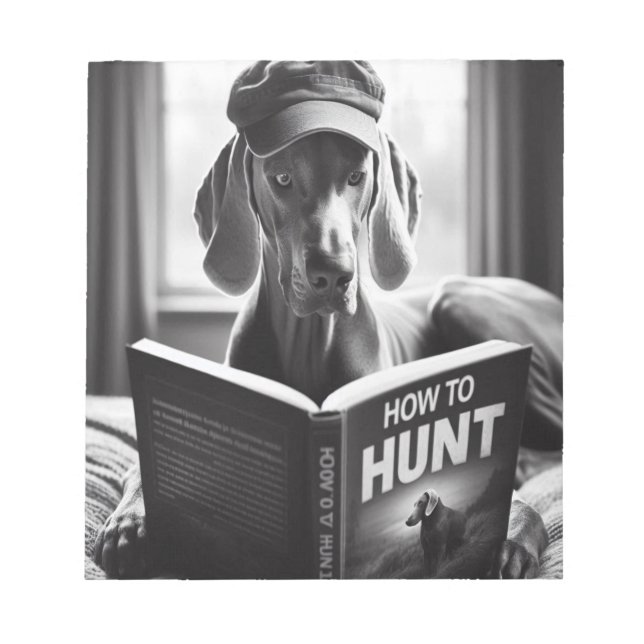 Funny Weimaraner Reading a Book on How to Hunt Notepad (Front)