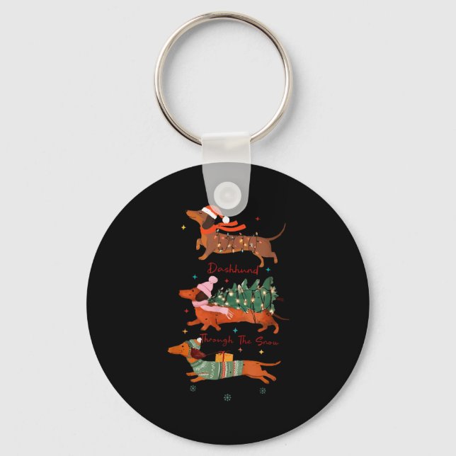 Funny Weiner Dog Dachshund Through The Snow Merry  Key Ring (Front)