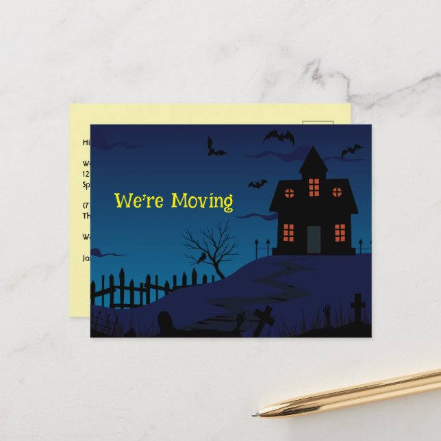 Funny We're Moving Haunted House Blue Background Announcement Postcard (Front/Back In Situ)
