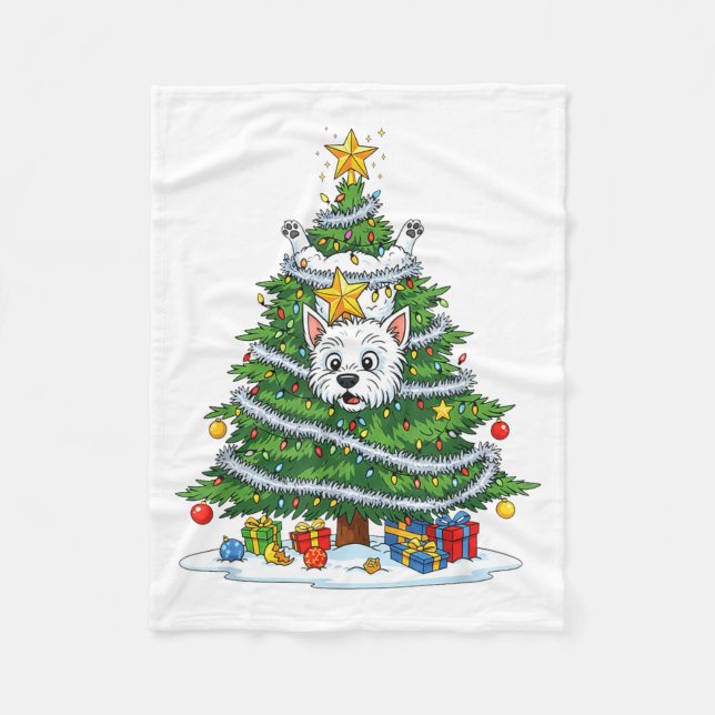 Funny West Highland White Terrier Dog Christmas Tr Fleece Blanket (Front)