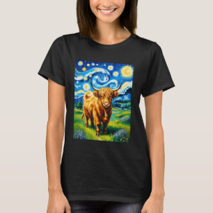 Funny Western Highland Cow Night Art Famous Painti T-Shirt