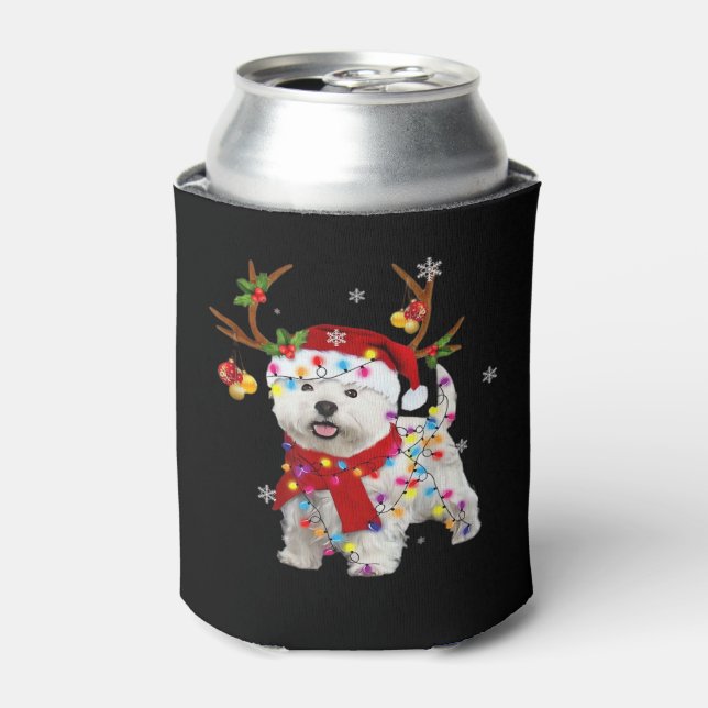 Funny Westie Christmas Tee Reindeer Christmas Ligh Can Cooler (Can Front)