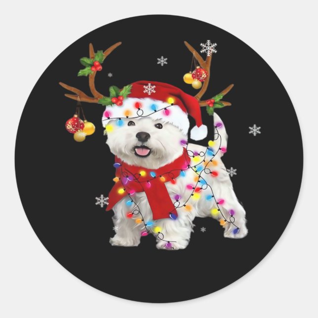 Funny Westie Christmas Tee Reindeer Christmas Ligh Classic Round Sticker (Front)