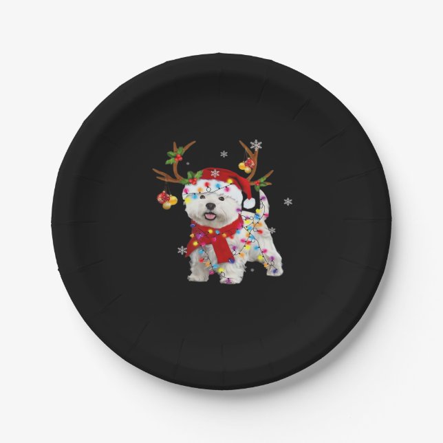 Funny Westie Christmas Tee Reindeer Christmas Ligh Paper Plate (Front)