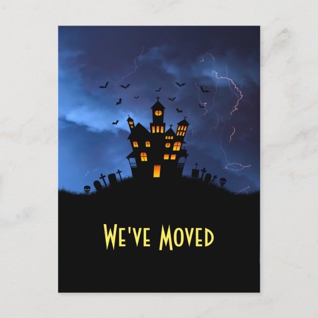 Funny We've Moved Spooky Black Haunted House Postcard (Front)