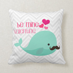 Funny Whale with Moustache Be Mine Valentine Cushion