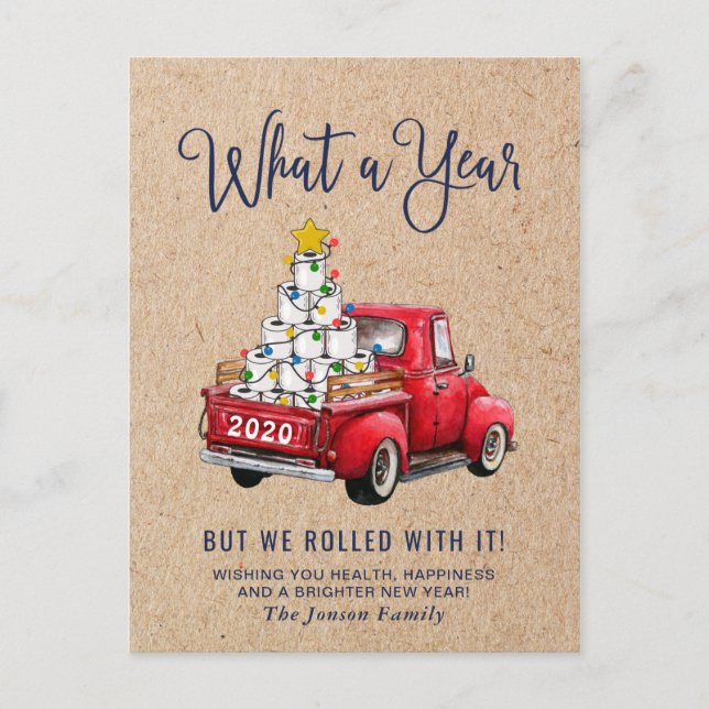 Funny What a Year  Christmas Red Farm Truck Postcard (Front)