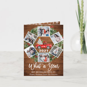 Funny What a Year Christmas Red Truck 6 PHOTO Holiday Card