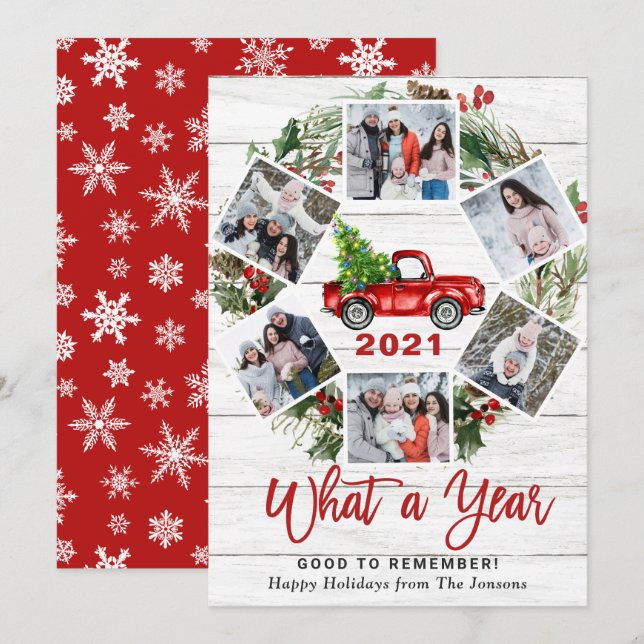 Funny What a Year Christmas Red Truck 6 PHOTO Holiday Card (Front/Back)