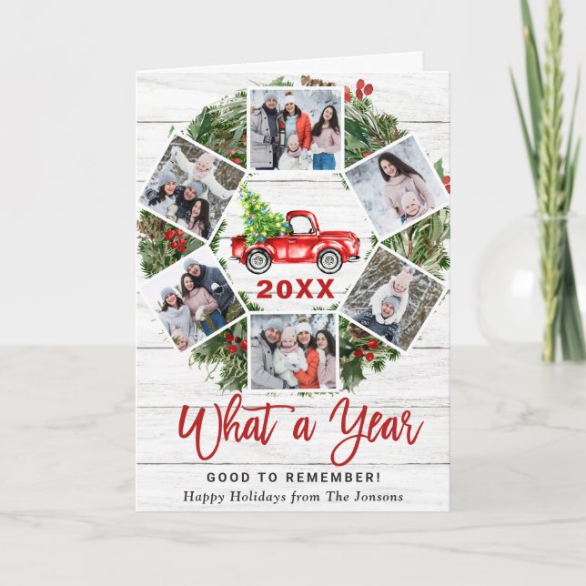 Funny What a Year Christmas Red Truck 6 PHOTO Holiday Card (Front)