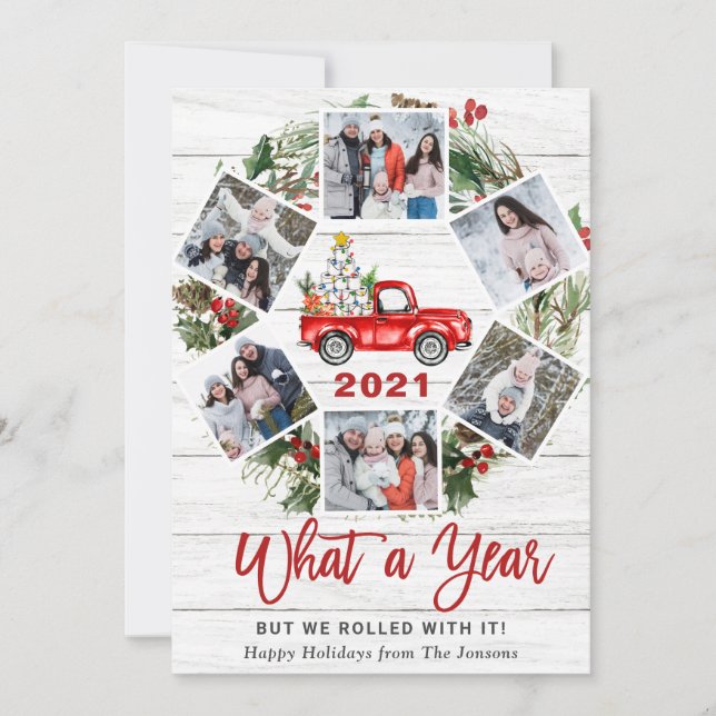 Funny What a Year Christmas Red Truck 6 PHOTO Holiday Card (Front)